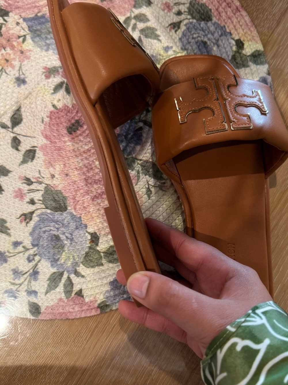 Tory Burch Cognac Leather Logo Slide Sandals - Picture 3 of 6